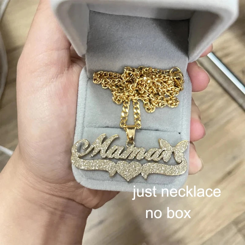 Custom Bling Name Necklace for Women with 5mm Cuban Chain 18K Gold Plated Stainless Steel Frosted Butterfly Pendant Nameplate