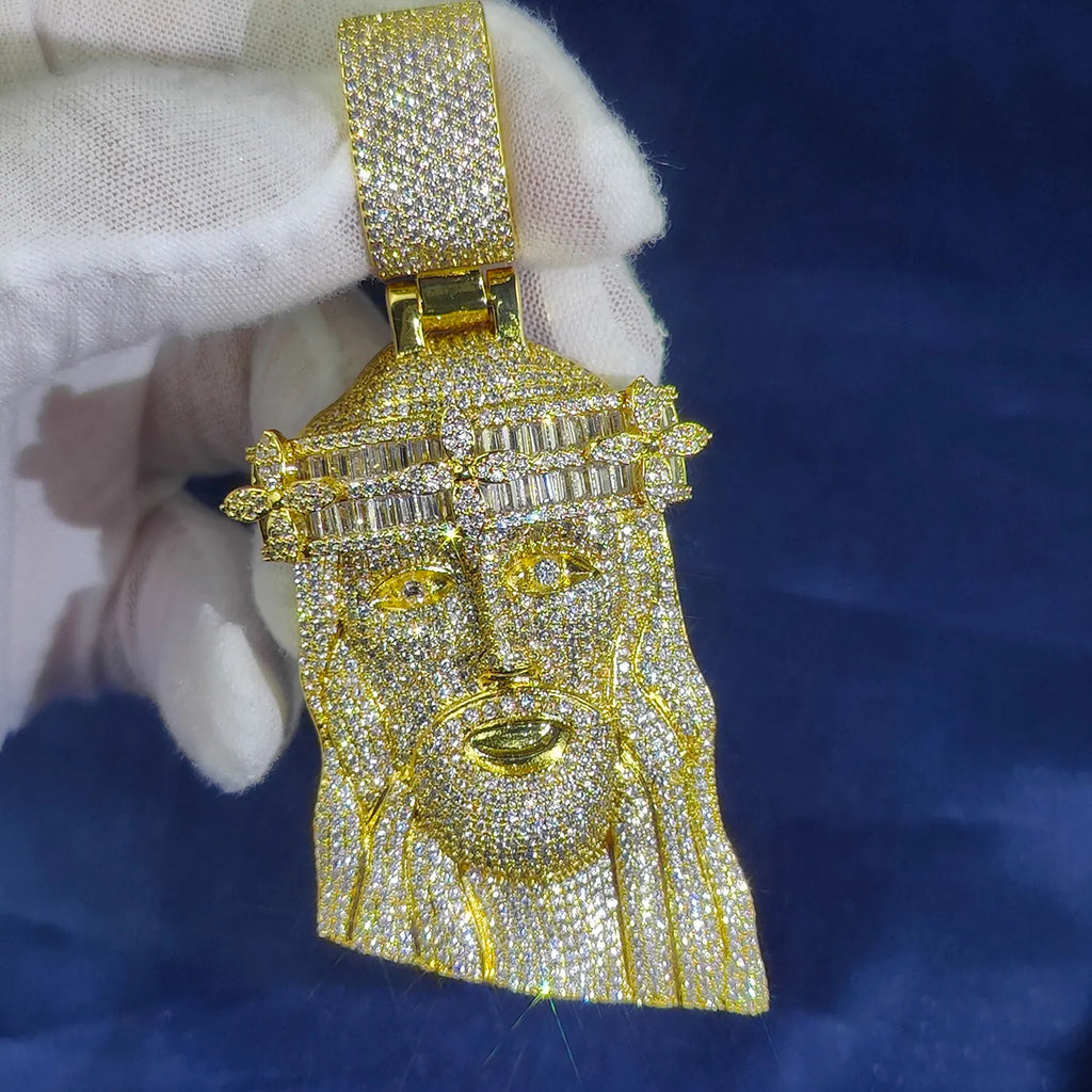 Iced Jesus Head Necklace Pendant Hip Hop Zircon Gemstone Men's Charm Christian Jesus Facial Personalized Pendant Accessory