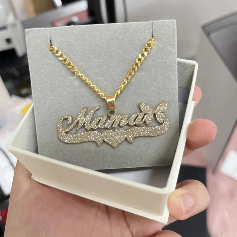 Custom Bling Name Necklace for Women with 5mm Cuban Chain 18K Gold Plated Stainless Steel Frosted Butterfly Pendant Nameplate