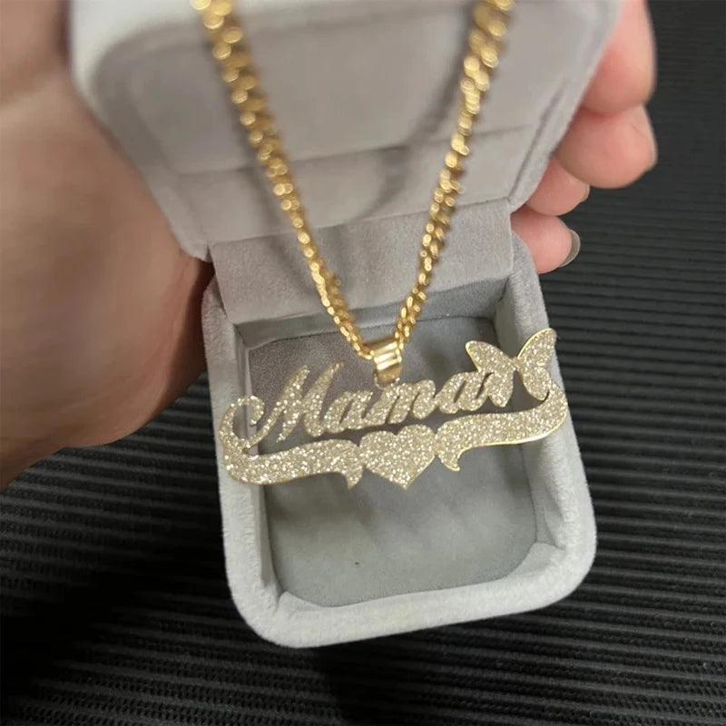 Custom Bling Name Necklace for Women with 5mm Cuban Chain 18K Gold Plated Stainless Steel Frosted Butterfly Pendant Nameplate